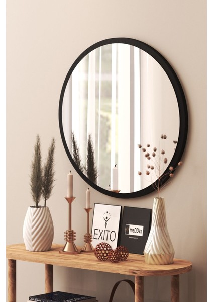 Yuvarlak Siyah Ahşap Aynası, Oturma ve Ofis Dekoru, 46 cm