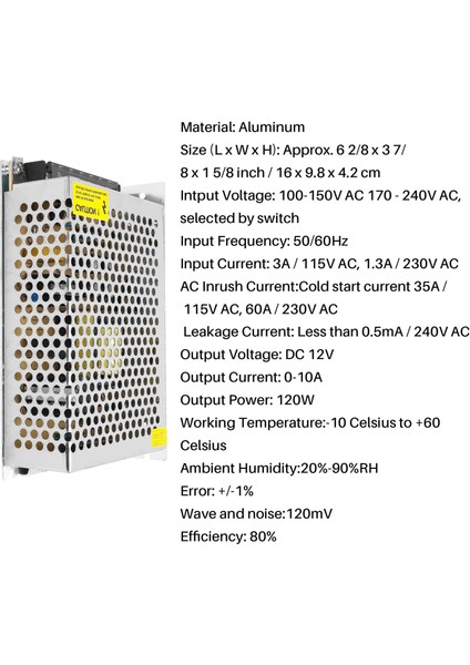 Dc 12V 10A 120W Anahtarlama Güç Kaynağı Düzenlenmiş Trafo / Aşırı Yük, Aşırı Gerilim Koruması ile Güvenlik Tasarımlı Alüminyum Güç Trafosu (Yurt Dışından)