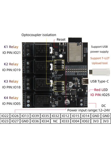 Ttgo T-Röle ESP32 Kablosuz Modül Dc 5V 4 Grup Röle Geliştirme Kartı 4mb Flash Wifi Bluetooth Uzaktan Anahtar Kontrolü (Yurt Dışından)