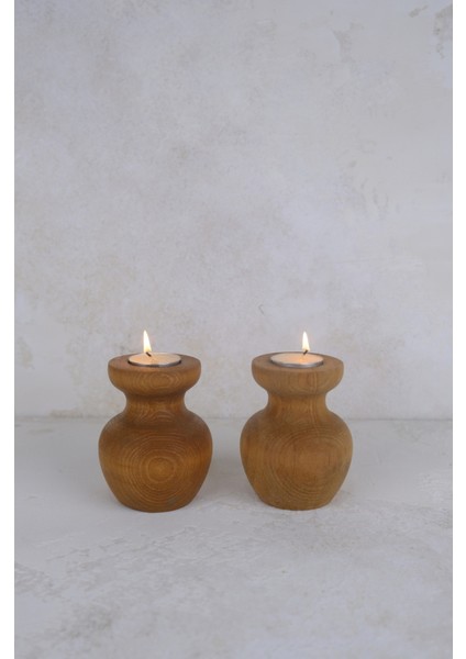 2 Li Büyük Nar Model Tealight Ahşap Şamdan Seti Dekoratif Şamdan
