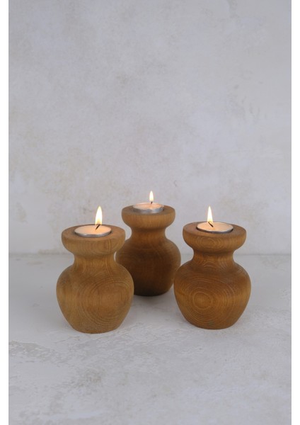 3 Lü Büyük Nar Model Tealight Ahşap Şamdan Seti Dekoratif Şamdan