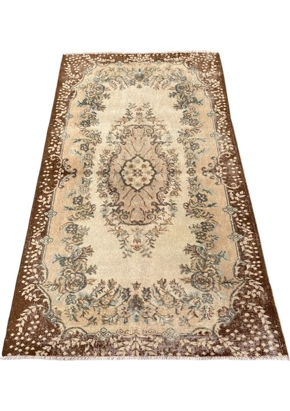 El Dokuma Eskitme Isparta Halısı 120 x 206 Vintage Kahve Krem Halı