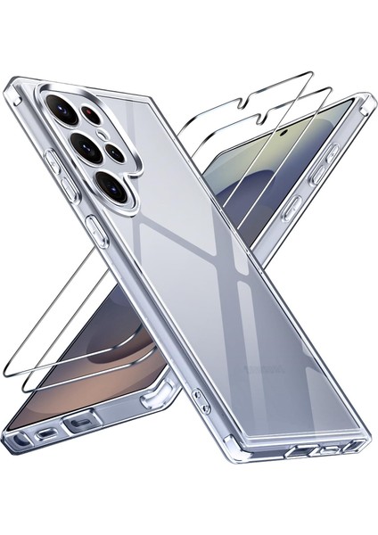 Samsung Galaxy S25 Ultra Kılıf Köşe Korumalı Darbeye Dayanıklı Antişok Şeffaf Silikon + Ekran Koruyucu Cam 2in1 Set