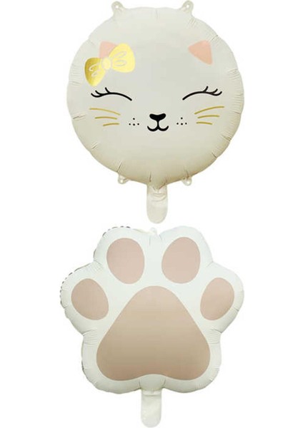 Retro Krem Renkli Kedi ve Pati Folyo Balon Set