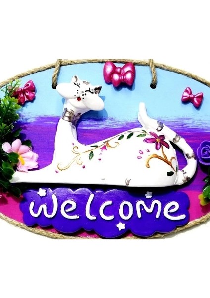 Kedi Figürlü Welcome Yazılı El Yapımı Kapı Süsü