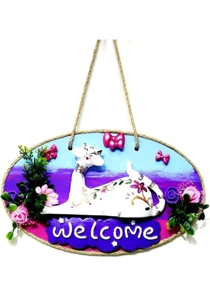 Kedi Figürlü Welcome Yazılı El Yapımı Kapı Süsü