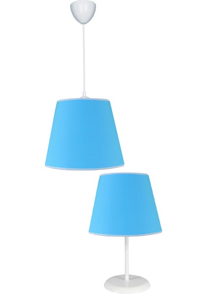 Mavi Konik 20 x 25 Kumaş Kaplama 2.li Set Yatak Odası Genç ve Çocuk Odası Avize ve Abajur Seti
