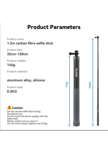 Telesın 1.2m Karbon Fiber Selfie Çubuğu Monopod Geri Çekilebilir 1/4 Vida ile Gopro INSTA360 Osmo Djı Aksiyon Kamerası Için (Yurt Dışından)