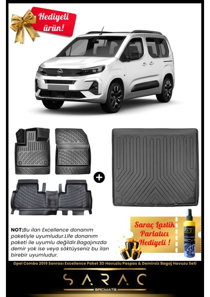 Opel Combo 2019 Sonrası Excellenc Paket 3D Havuzlu Paspas & Demirsiz Bagaj Havuzu Seti+