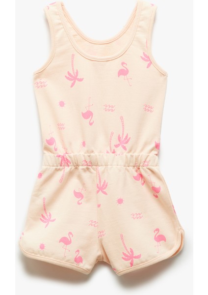 Flamingo Baskılı Beli Lastikli Askılı Pamuklu Tulum