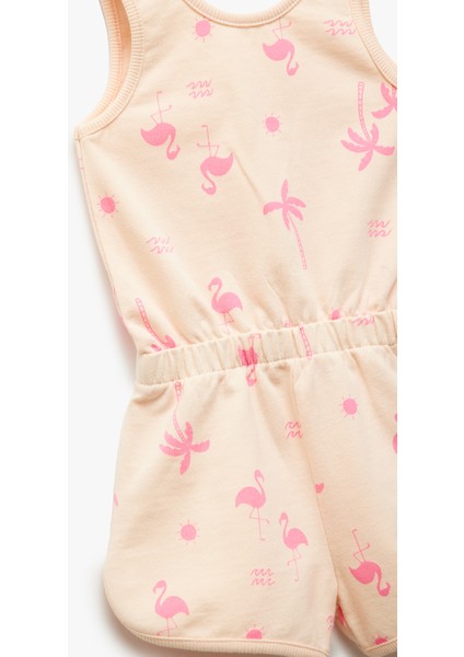 Flamingo Baskılı Beli Lastikli Askılı Pamuklu Tulum