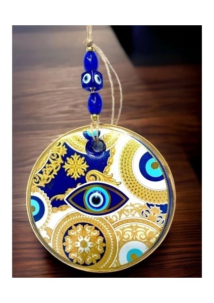 Sarı Motifli Mavi Işlemeli Nazar Boncuk Gözlü Duvar Süsü