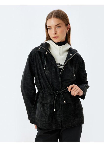 Suni Deri Oversize Yağmurluk Kapüşonlu Beli Bağlamalı Fermuarlı Cepli