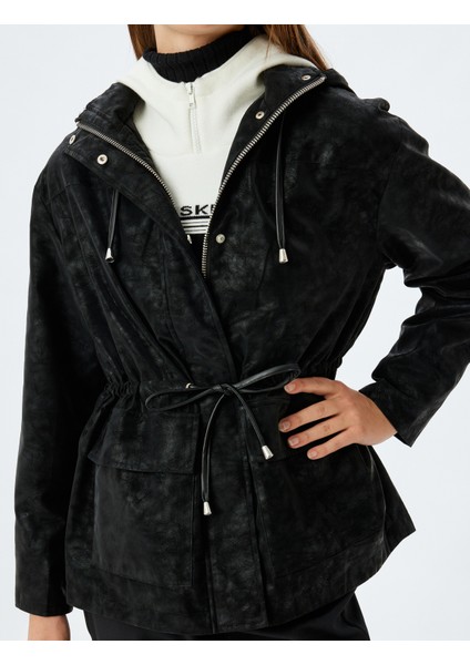 Suni Deri Oversize Yağmurluk Kapüşonlu Beli Bağlamalı Fermuarlı Cepli indirimleri