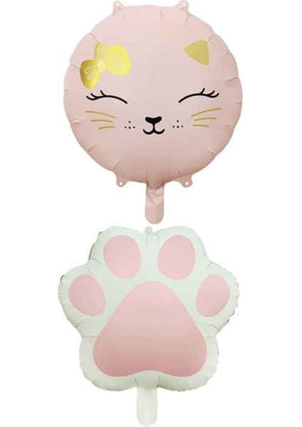 Retro Pembe Renkli Kedi ve Pati Folyo Balon Set