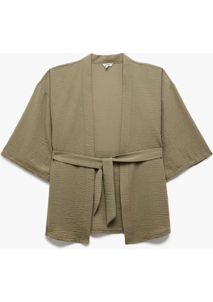 Kruvaze Beli Bağcıklı Kısa Geniş Kollu Kimono