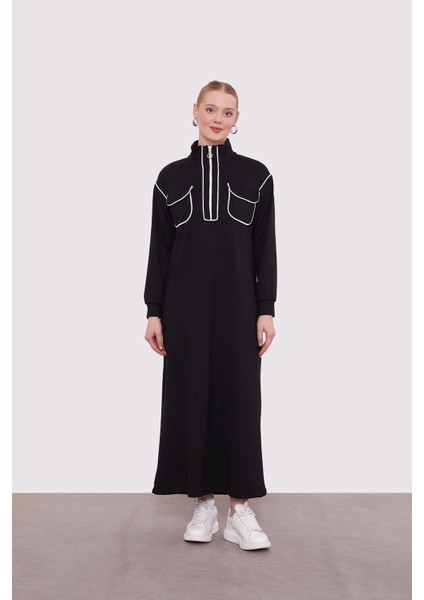 Siyah Çizgi Cep Detaylı Elbise