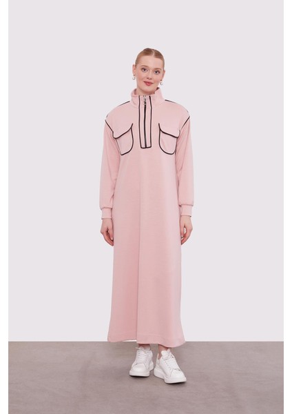 Pudra Çizgi Cep Detaylı Elbise