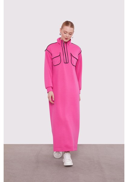 Fuşya Çizgi Cep Detaylı Elbise