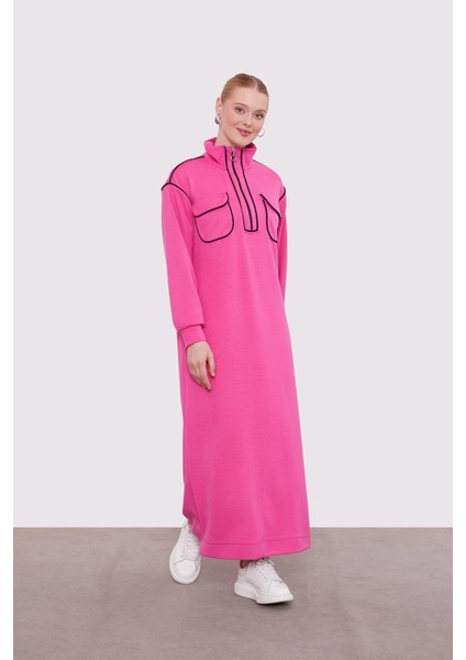 Fuşya Çizgi Cep Detaylı Elbise