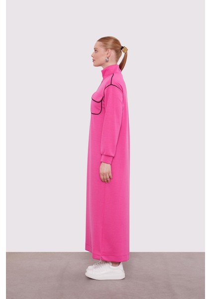 Fuşya Çizgi Cep Detaylı Elbise