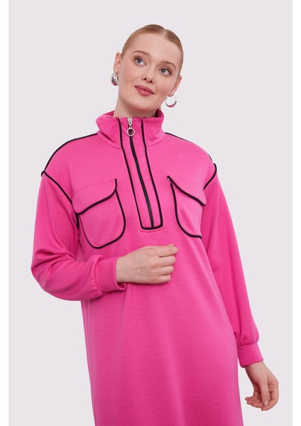 Fuşya Çizgi Cep Detaylı Elbise