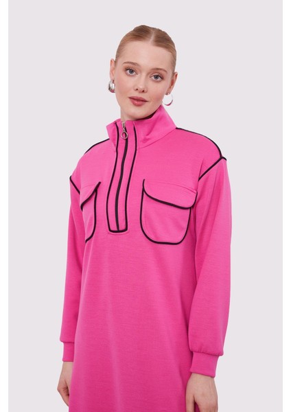 Fuşya Çizgi Cep Detaylı Elbise