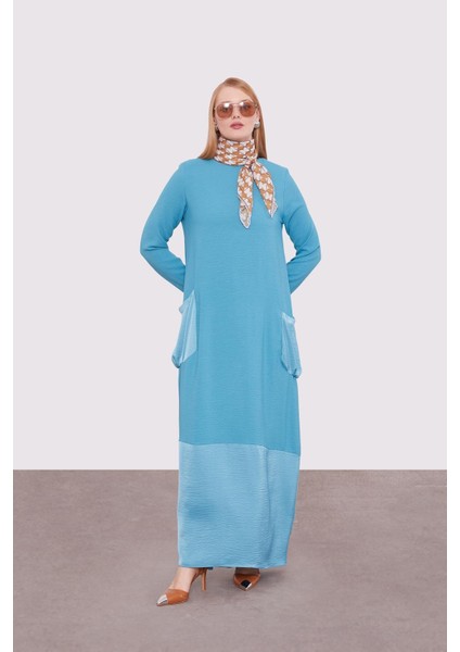 Mavi Büyük Cep Detaylı Elbise