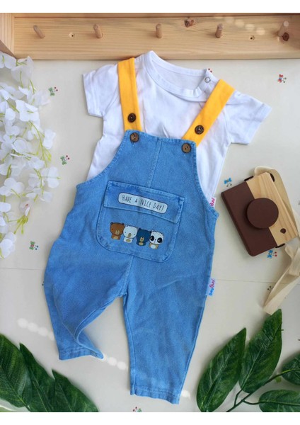 Kız Erkek Bebek Çocuk Jean Salopet 2' Li Kot Tulum Takim