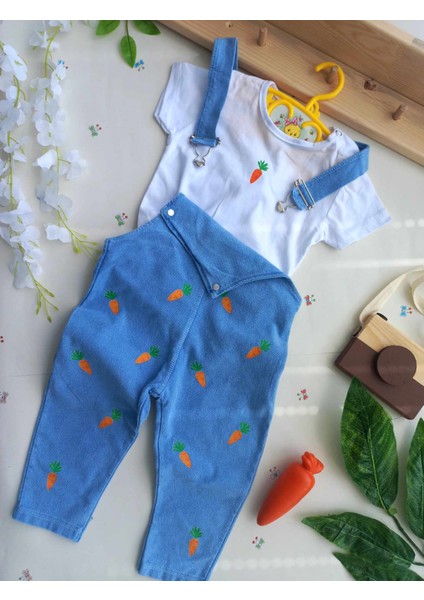 Kız Erkek Bebek Çocuk Jean Salopet 2' Li Kot Tulum Takim