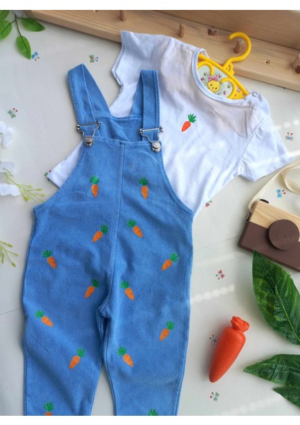Kız Erkek Bebek Çocuk Jean Salopet 2' Li Kot Tulum Takim