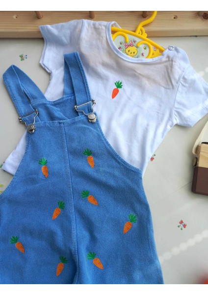 Kız Erkek Bebek Çocuk Jean Salopet 2' Li Kot Tulum Takim