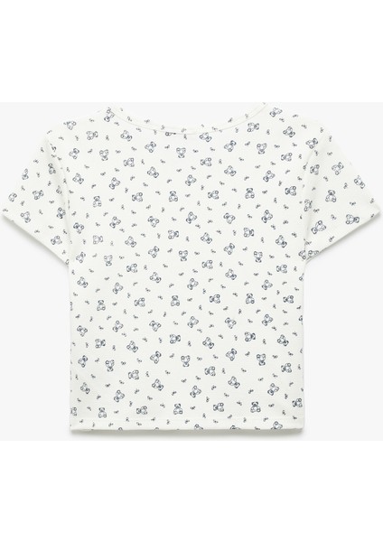 Pamuklu Ayıcık Baskılı Kısa Kollu Bisiklet Yaka Pijama Üstü