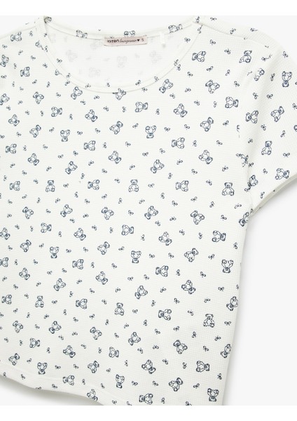 Pamuklu Ayıcık Baskılı Kısa Kollu Bisiklet Yaka Pijama Üstü