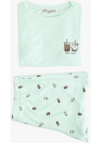 Kaşkorse Viskon Kumaş Kısa Kollu Baskılı Şortlu Pijama Takımı