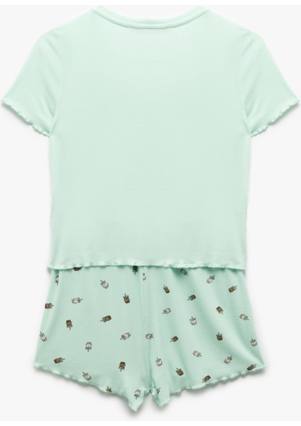 Kaşkorse Viskon Kumaş Kısa Kollu Baskılı Şortlu Pijama Takımı