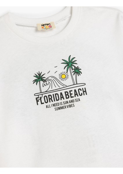 Bisiklet Yaka Kısa Kollu Florida Baskılı Pamuklu Tişört