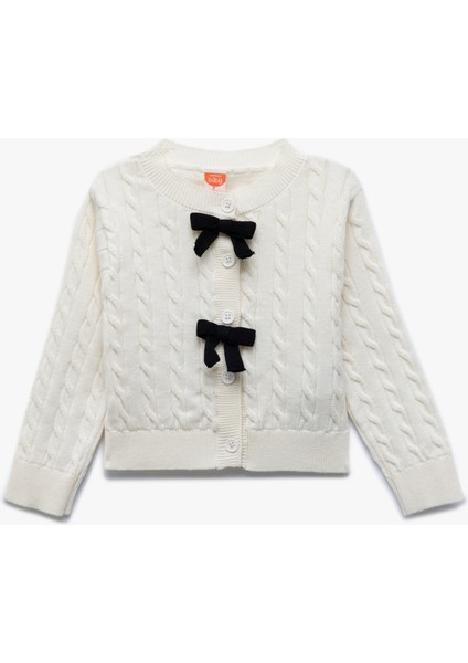 Uzun Kollu Bisiklet Yaka Fiyonk Detaylı Saç Örgü Triko Hırka