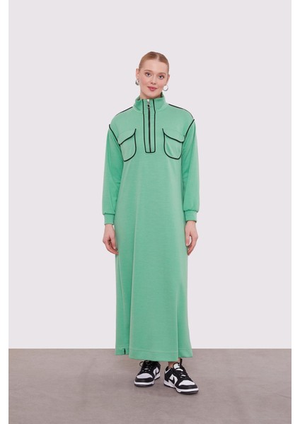 Yeşil Çizgi Cep Detaylı Elbise