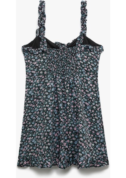 Volanlı Kare Yaka Fırfır Detaylı Çiçekli Mini Viskon Elbise indirimleri