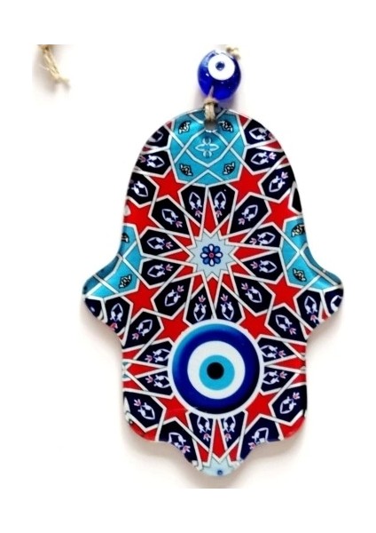 Yıldız ve Nazar Boncuğu Desenli Fatma Ana Bereket Eli Füzyon Cam Duvar Süsü