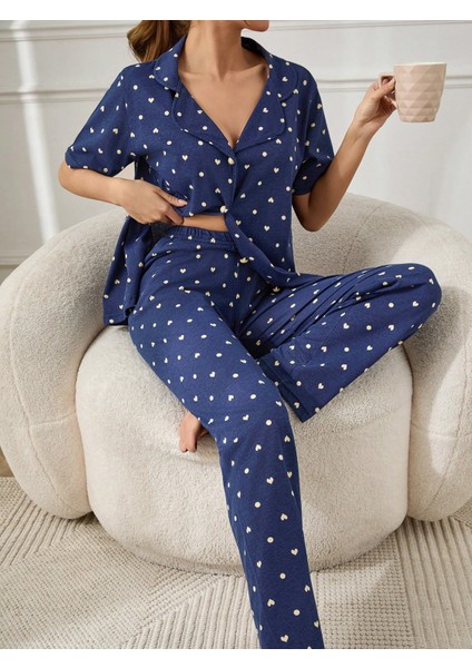 Desenli Düğmeli Kısa Kol Süprem Kadın Ikili Pijama Takımı VG125