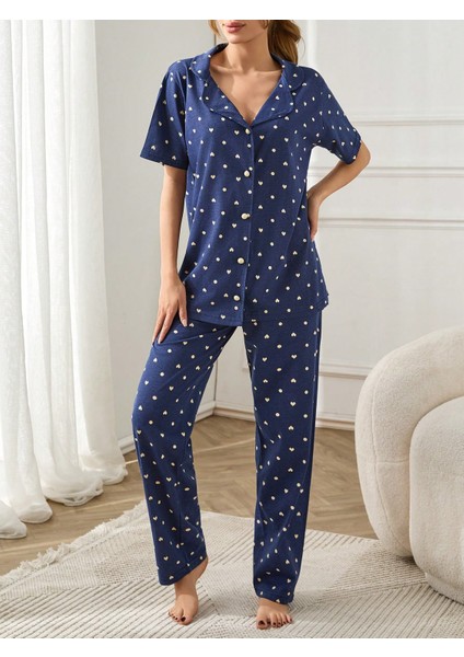Desenli Düğmeli Kısa Kol Süprem Kadın Ikili Pijama Takımı VG125