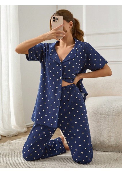 Desenli Düğmeli Kısa Kol Süprem Kadın Ikili Pijama Takımı VG125