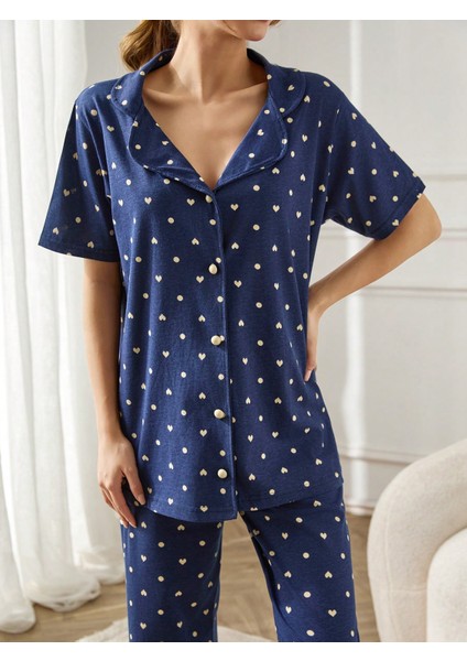Desenli Düğmeli Kısa Kol Süprem Kadın Ikili Pijama Takımı VG125