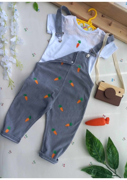 Kız Erkek Bebek Çocuk Jean Salopet 2' Li Kot Tulum Takim