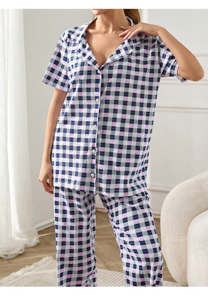Desenli Düğmeli Kısa Kol Süprem Kadın Ikili Pijama Takımı VG125