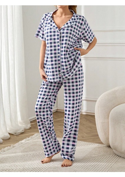 Desenli Düğmeli Kısa Kol Süprem Kadın Ikili Pijama Takımı VG125