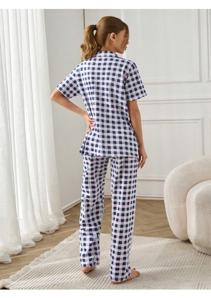 Desenli Düğmeli Kısa Kol Süprem Kadın Ikili Pijama Takımı VG125