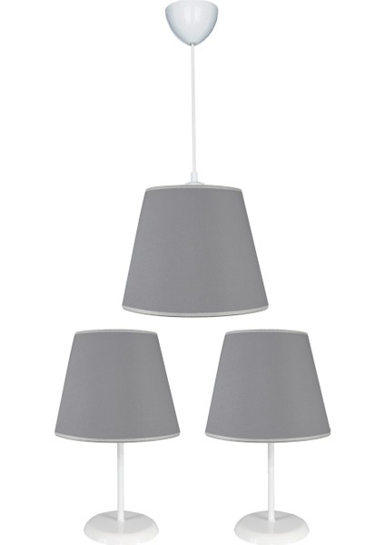 Konik 20 x 25 Gri 3.lü Set Kumaş Kaplama Yatak Odası Genç ve Çocuk Odası Avize ve Abajur Seti.